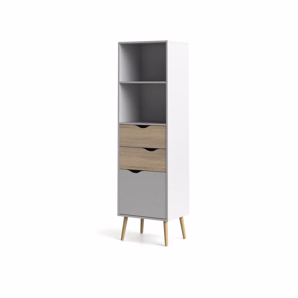 CALICOSY BILLUND White and Oak Finish Cabinet with 2 Drawers, 1 Door and Adjustable Shelves, H: 171.3 cm – 2