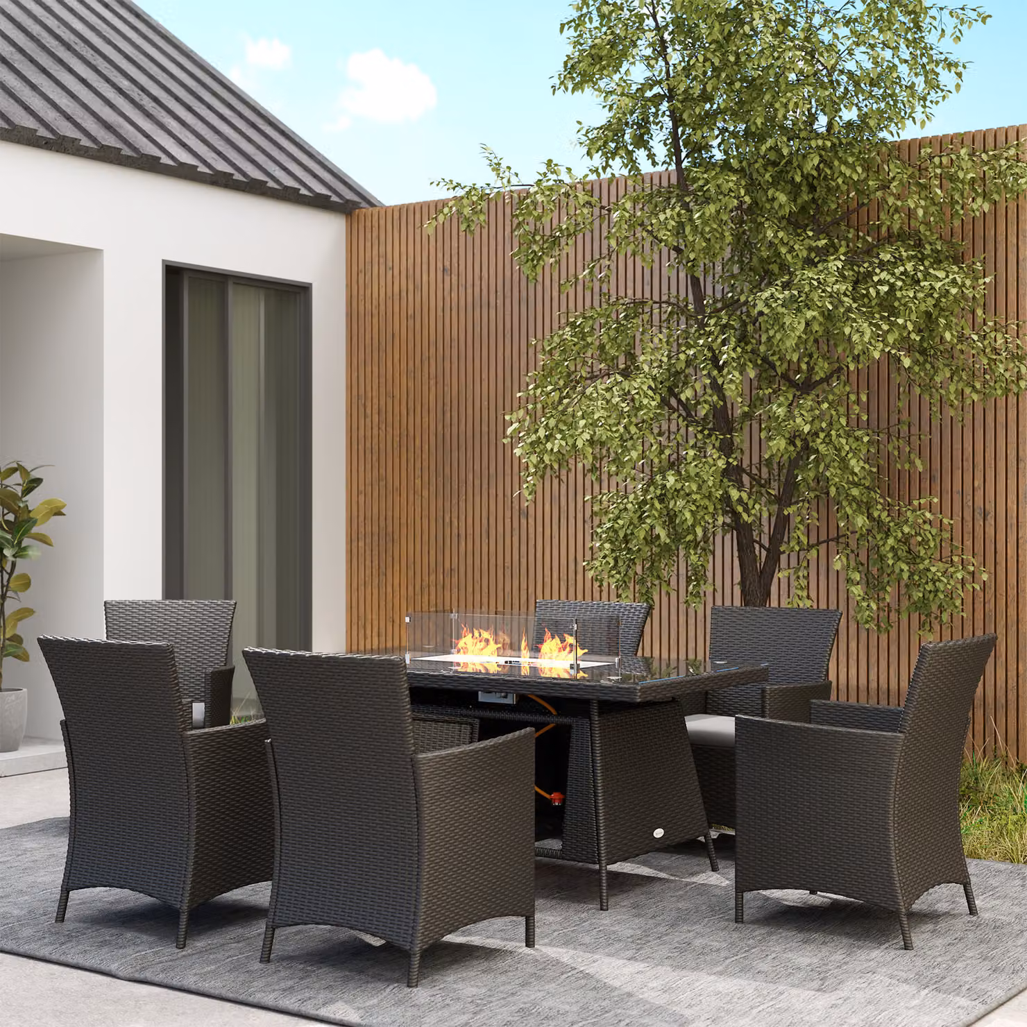 Outsunny 7 Piece Outdoor Rattan Garden Furniture Set with Fire Pit Table and 6 Chairs in Black – 8