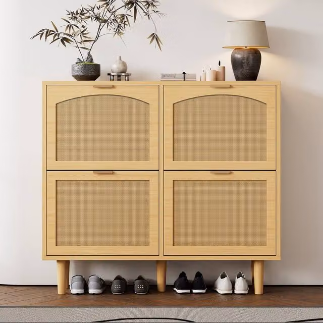 Merax Light Oak Rattan Shoe Storage Cabinet with 4 Tilting Compartments and Internal Shelves, Beige