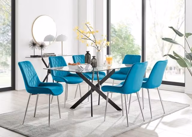 FurnitureboxUK Leonardo Black Leg Glass Dining Table with 6 Blue Pesaro Silver Chairs