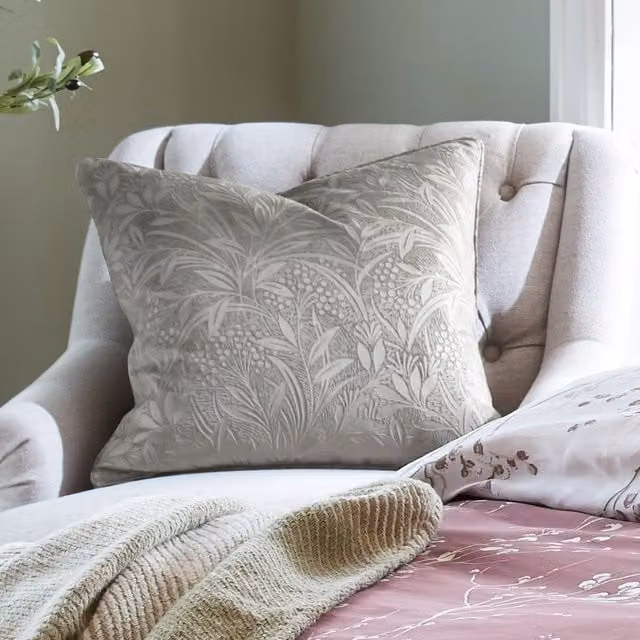 Laura Ashley Grey Velvet Floral Square Filled Cushion W/D/H: 50 x 50 x 50 cm