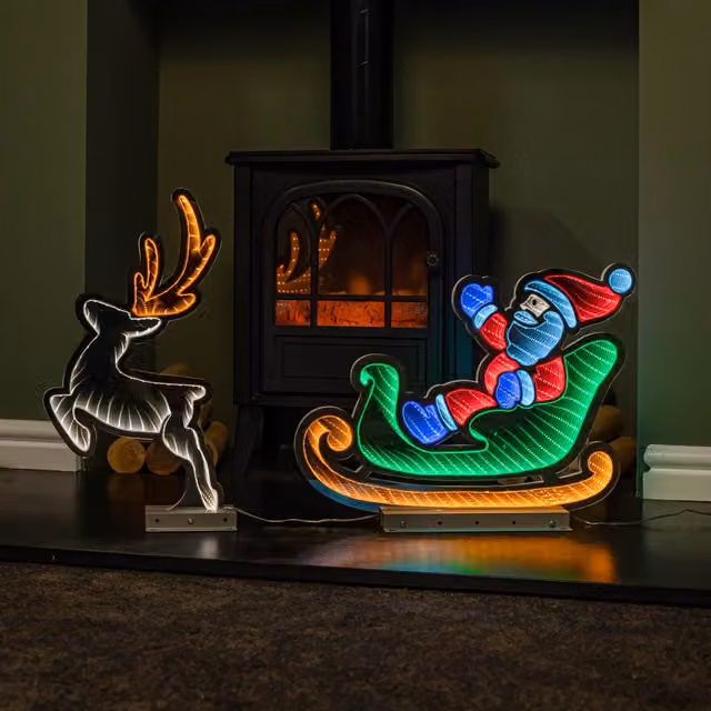 Samuel Alexander 75cm Infinity Santa in Sleigh with Reindeer on Metal Base and Multi-Coloured LEDs