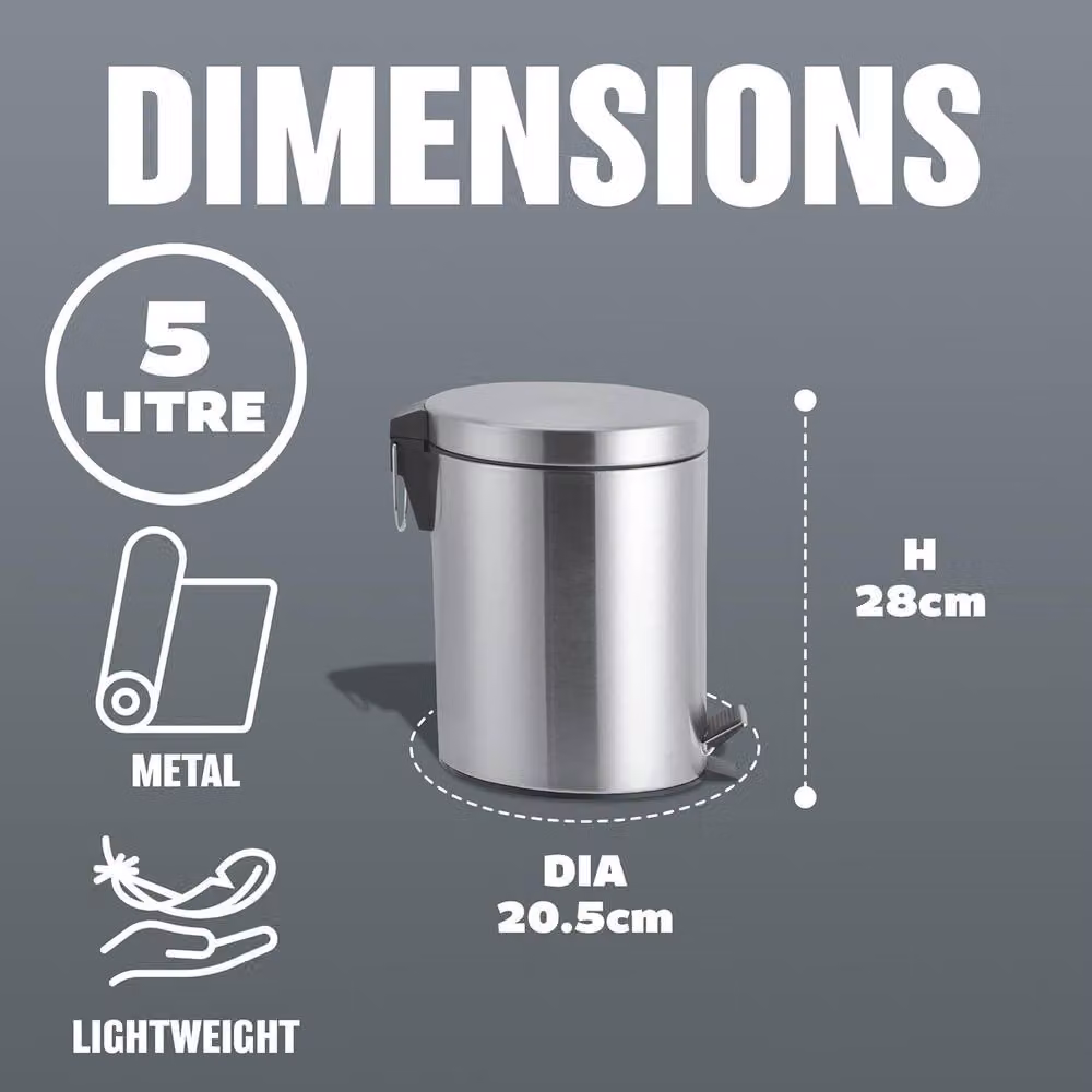 BARGAINS-GALORE 5 Litre Metal Chrome Pedal Bin in Metallic Silver – 3