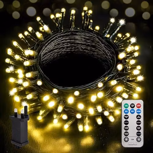 Desiretech LED Plug-in Christmas String Lights in Warm White, 20m with 200 LEDs, Waterproof with Remote Control, Timer and Dimmable Settings