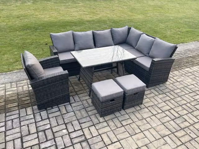 Fimous Dark Grey Rattan Garden Dining Set with Rectangular Tempered Glass Table and Footstools