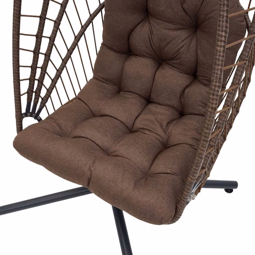 Living and Home Brown Hanging Egg Chair with Cushion and Headrest featuring Rattan and Metal Frame – 7