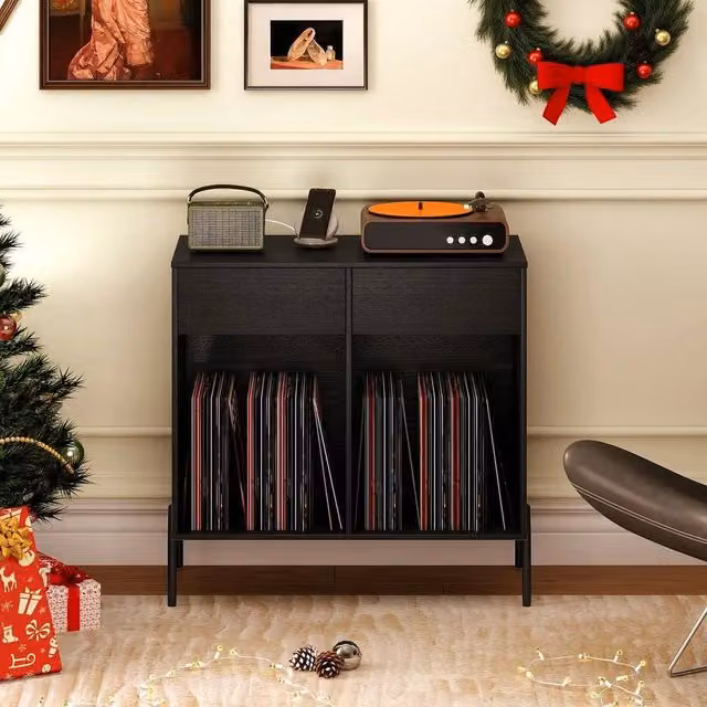 KORVIXA Wide Record Player Stand Turntable Cabinet in Black – 1