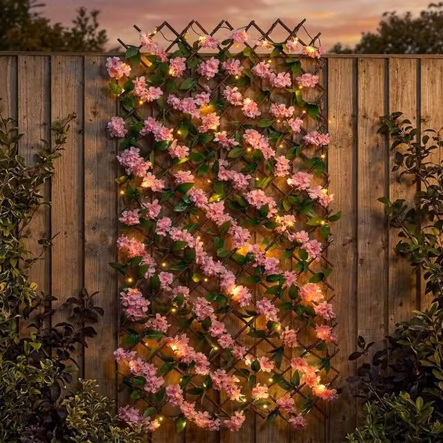Garden Greatness Solar InLit Pink Blossom Woven Wood Garden Trellis with Warm White LED Lights, Pink and White, H 180 cm x W 60 cm x D 5 cm