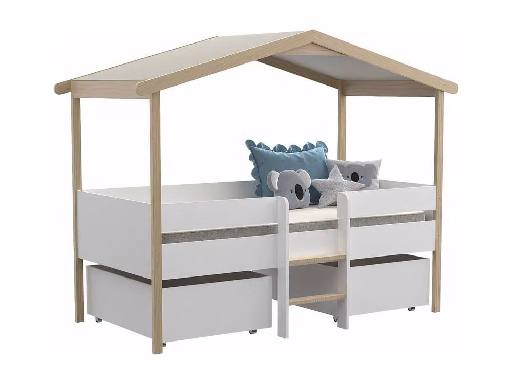 Vente-unique Hut Bed with Drawers in White and Light Oak, W/D/H: 90 x 190 cm – 2