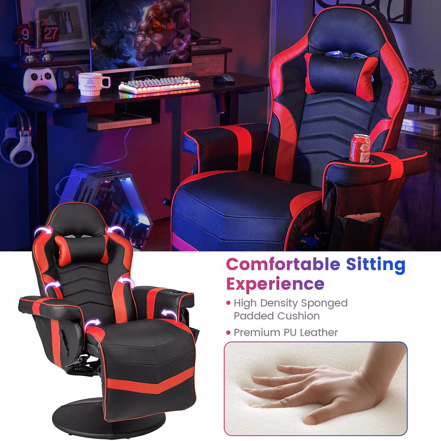 Gymax Red Massage Swivel Gaming Recliner Chair with Adjustable Height and Armrests – 5