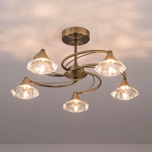 Harper Living Spiral 5 Light Semi Flush Ceiling Light in Antique Brass and Light Brown – 1