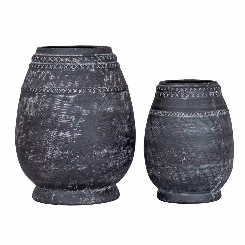 Lemon Pavilion Furniture and Decor Etched Collection Tall Ceramic Vase in Black, W25 x D25 x H32 cm – 1