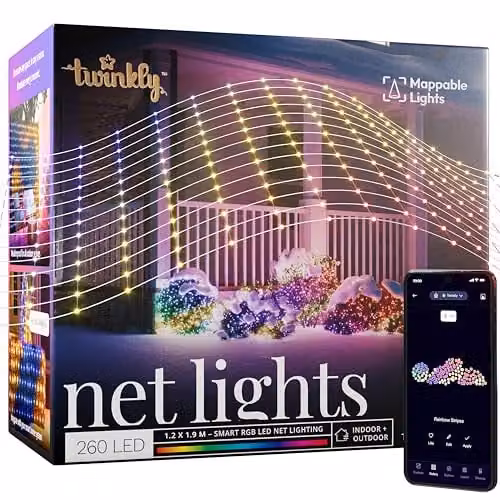 Twinkly Net Lights with 260 Mappable RGB LEDs, Multicolour Smart LED Grid for Indoor and Outdoor Use, W/H: 120 x 190 cm – 1
