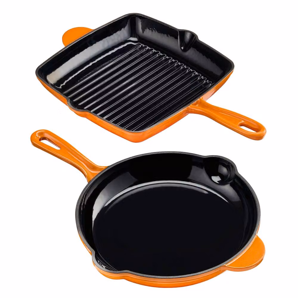 Cooks Professional 2 Piece Enamelled Cast Iron Frying Pan and Skillet Set in Orange – 4