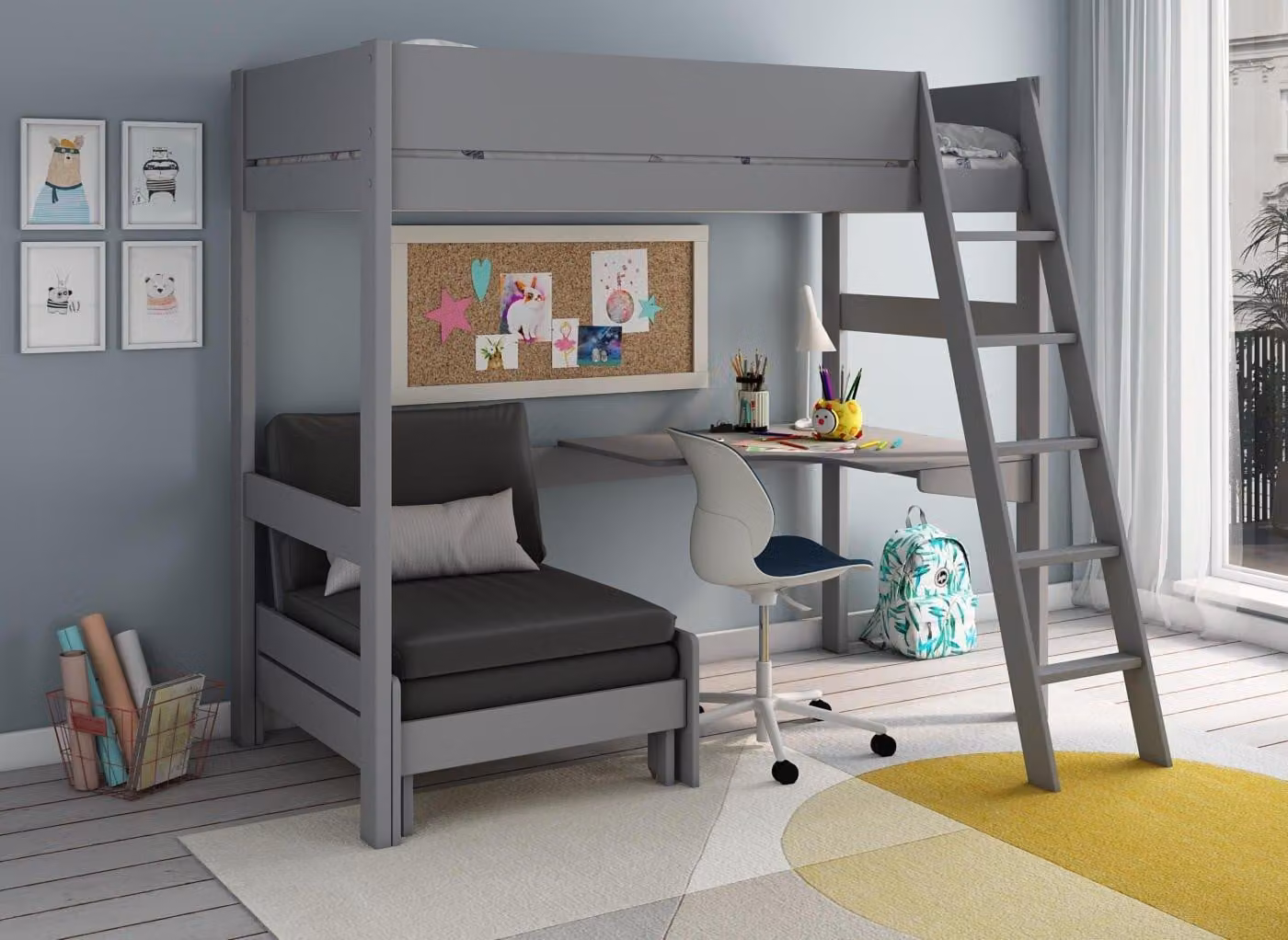 Dreams Anderson Desk High Sleeper in White and Grey with Black Synthetic Leather Chair