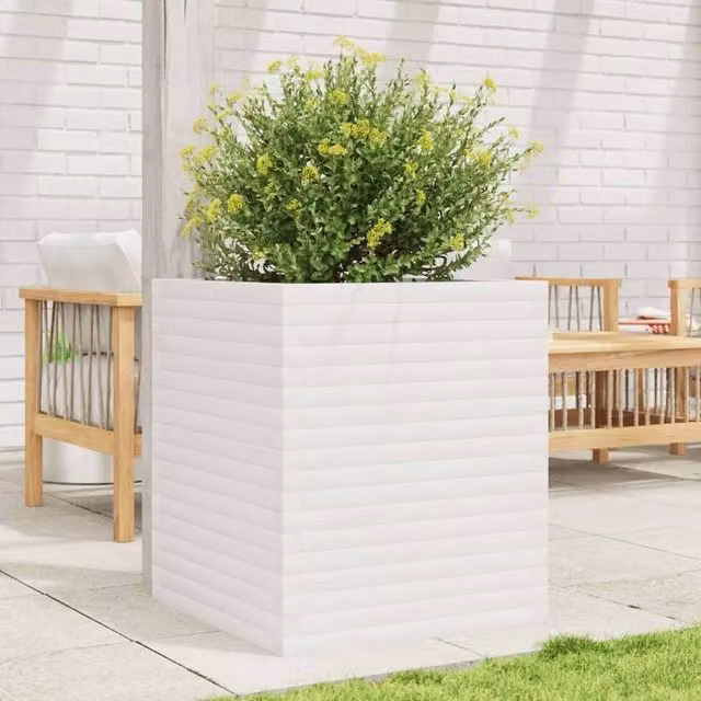 Berkfield Home Beautiful Garden Planter in White, Solid Wood Pine, W/D/H: 60 x 60 x 68.5 cm