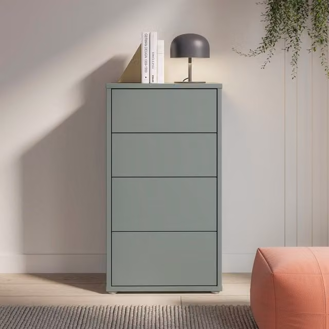 Furniture To Go Alice Springs Tall 4 Drawer Chest with Push-Open Drawers in Light Grey and Sage Green