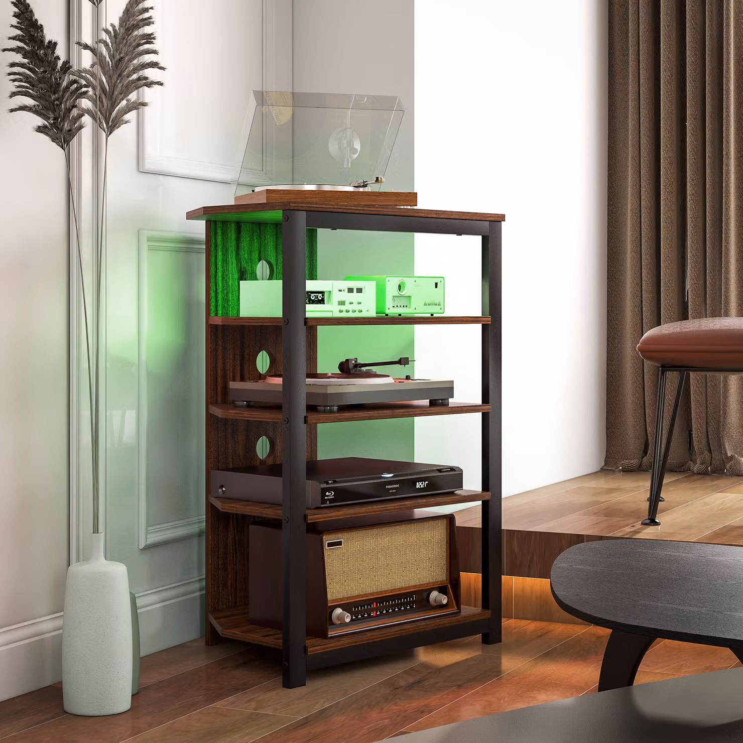 HOMCOM 4-Tier Modern Corner TV Stand with Integrated LED Lights and Storage in Brown – 6
