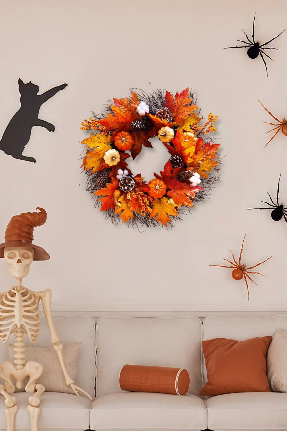H&O Direct Orange Autumnal Halloween and Thanksgiving Decorative Door Wreath with Maple Leaves and Pumpkins, Diameter: 55 cm – 3