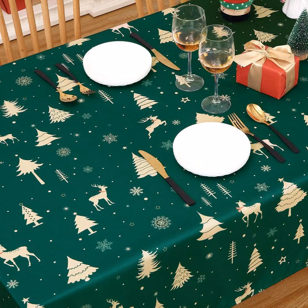 London Boutique Waterproof Christmas Tablecloth in Green with Deer Graphic, W x W: 137.16 x 137.16 cm – 2