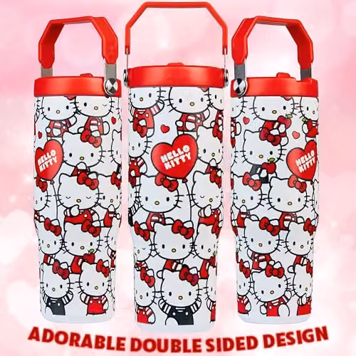 Get Trend Hello Kitty Sanrio Insulated Metal Travel Tumbler with Flip Up Straw and Handle, Multicolour, 850ml – 4