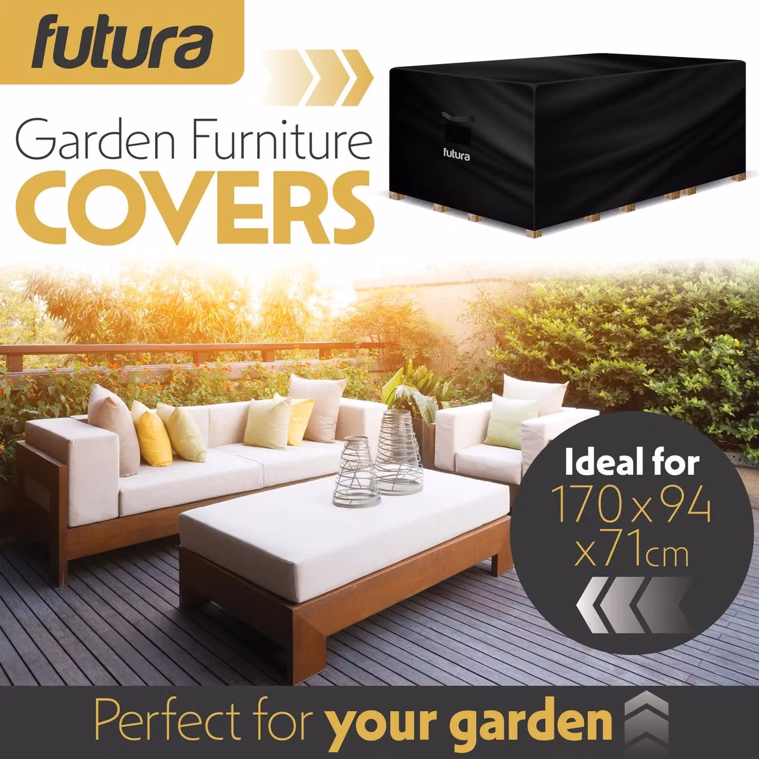 Futura Premium Waterproof Rectangular Garden Furniture Cover in Black, W/D/H: 170 x 94 x 71 cm – 2