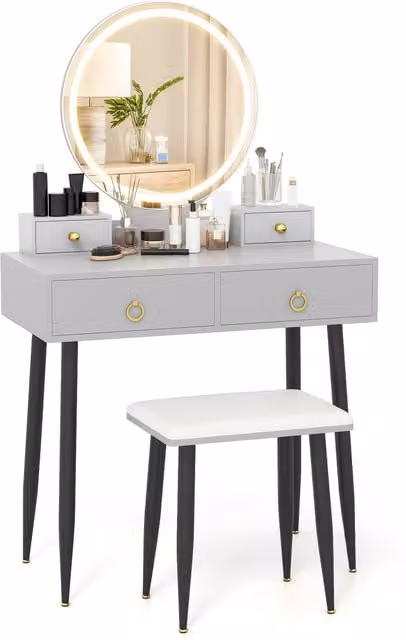 Costway Modern Hollywood LED Makeup Vanity Desk in Grey