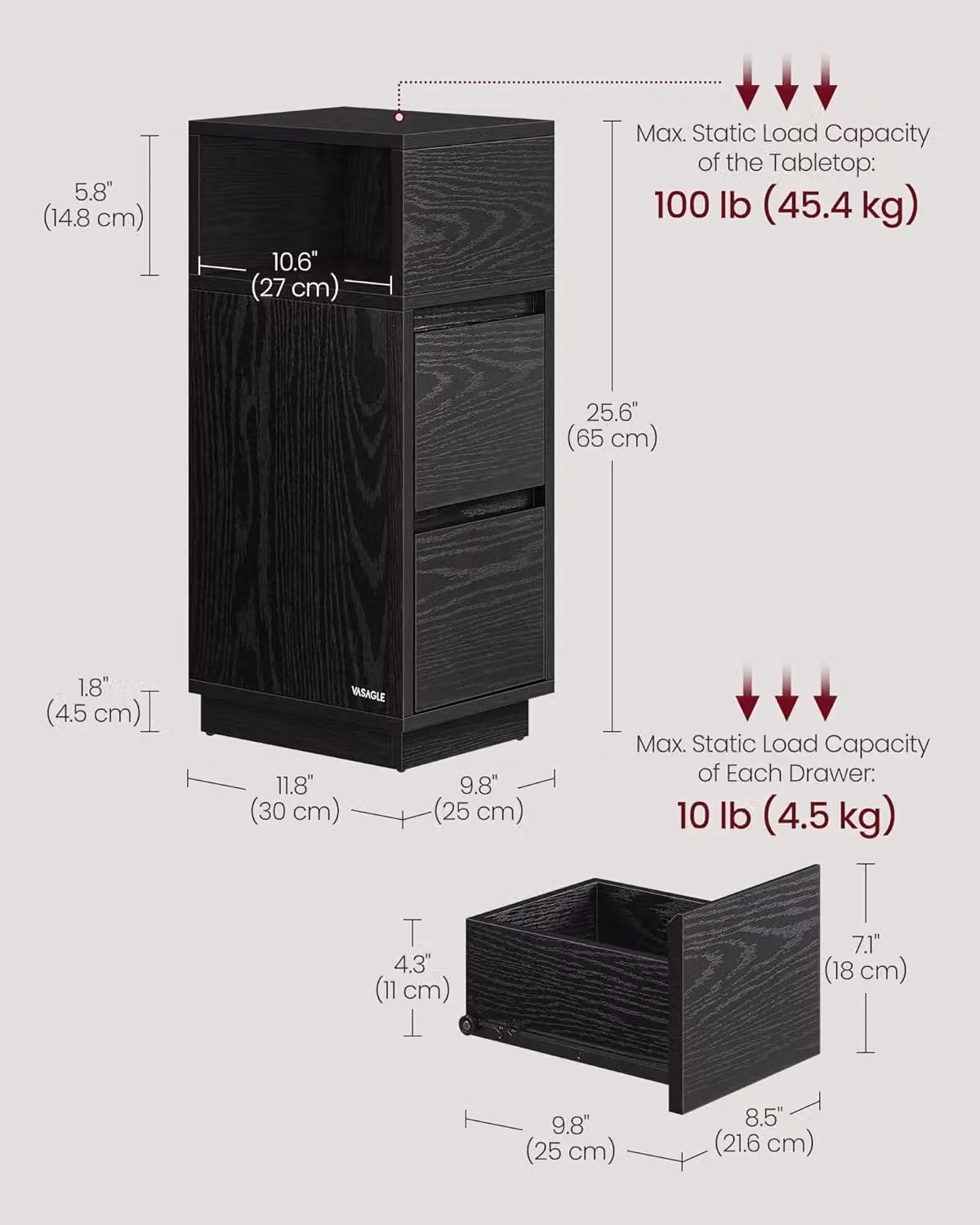 VASAGLE Slim Narrow Bedside Table with Drawers and Open Compartment in Black – 2