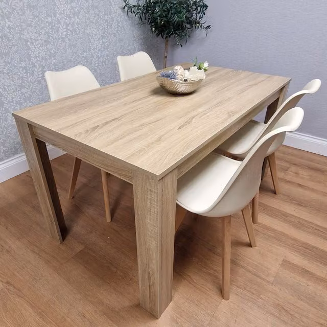 Kosy Koala Oak Effect Dining Table Set with 4 Cream Plastic Chairs, W/D/H: 140 x 80 x 75 cm
