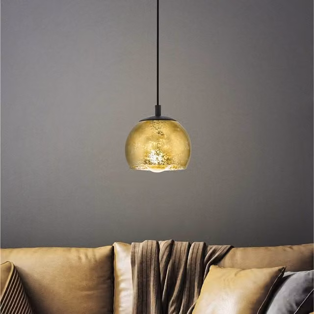Eglo Albaraccin Modern Suspended Pendant Light in Black Steel and Gold-Leaf Glass