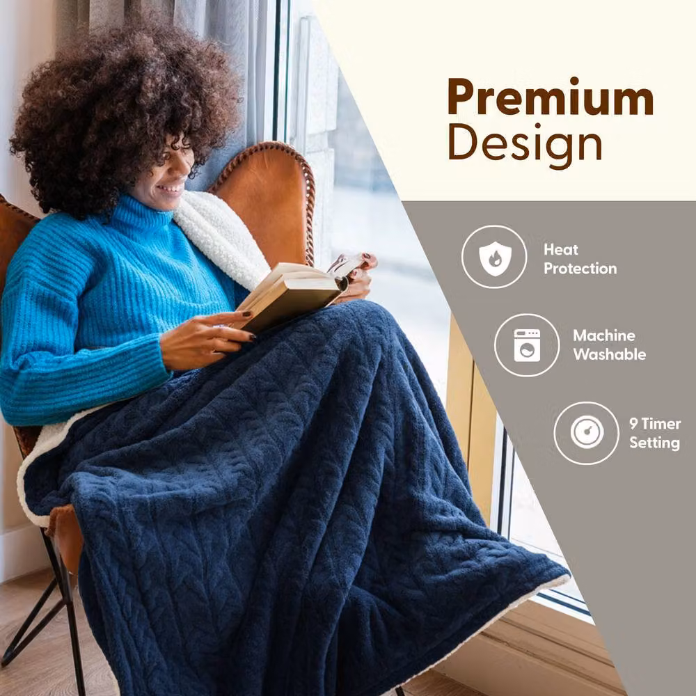 Keplin Large Electric Heated Jacquard Throw Blanket in Navy Blue with 9 Heat Settings and Sherpa Flannel Lining – 3