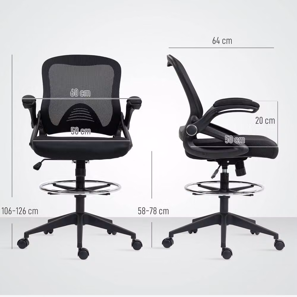 STILVORA Black Fabric Drafting Chair with Flip-up Armrests and Foot Ring – 2