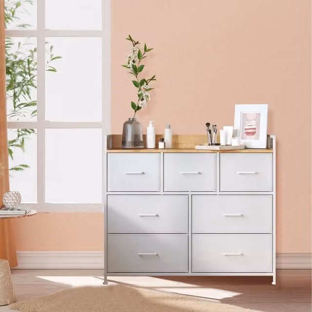 SONGMICS 7 Drawer Fabric Chest of Drawers with Handles in White