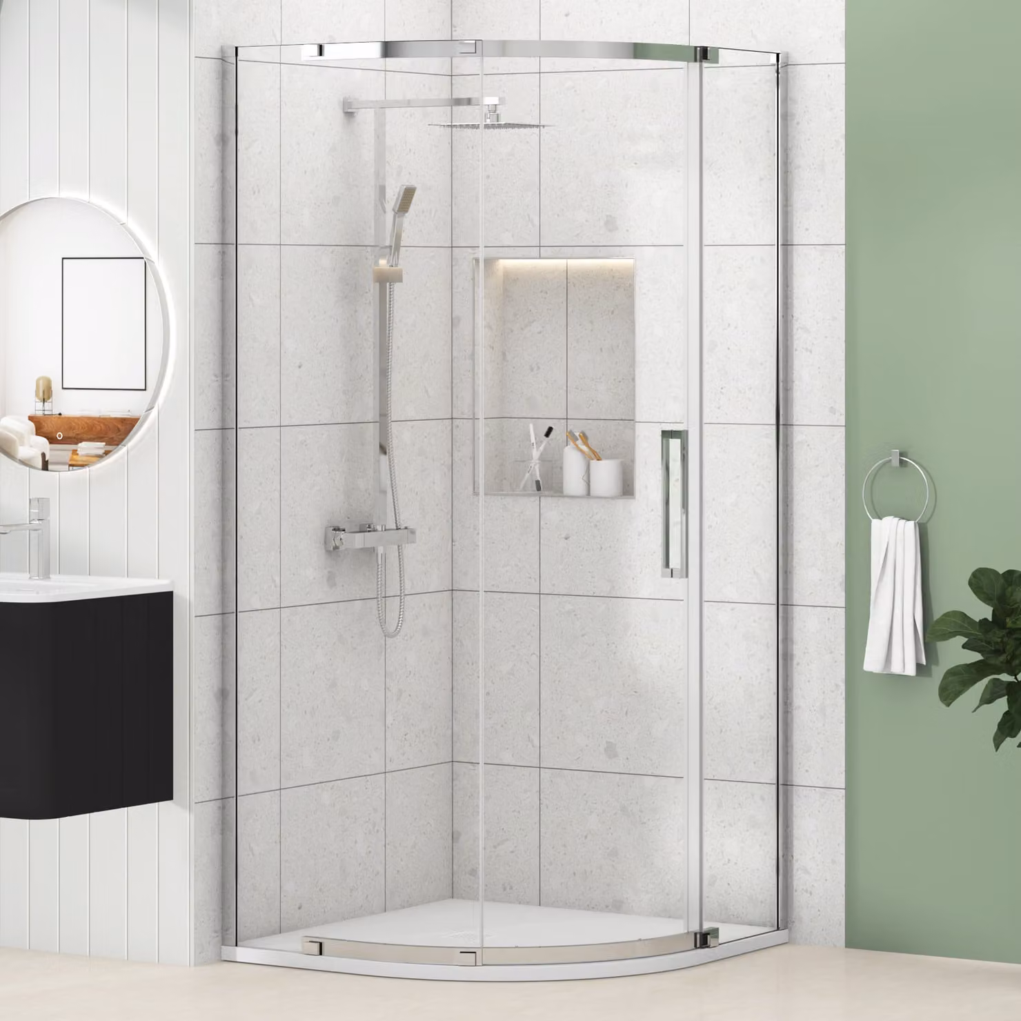 Royal Bathrooms Chelsea Single Door Quadrant Shower Enclosure with White Mineral Cast Stone Tray, 8mm Easy Clean Glass, Chrome and Silver, H: 195 cm, W: 80 cm