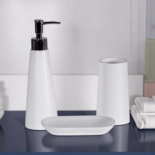Showerdrape Alto 3 Piece White Resin Bathroom Accessory Set including Soap Dispenser, Tumbler and Soap Dish