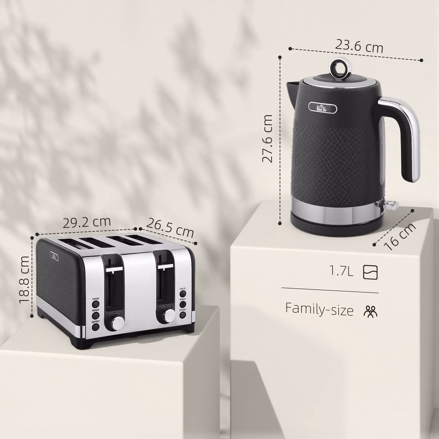 HOMCOM Black Textured Kettle and Four-Slice Toaster Set – 3