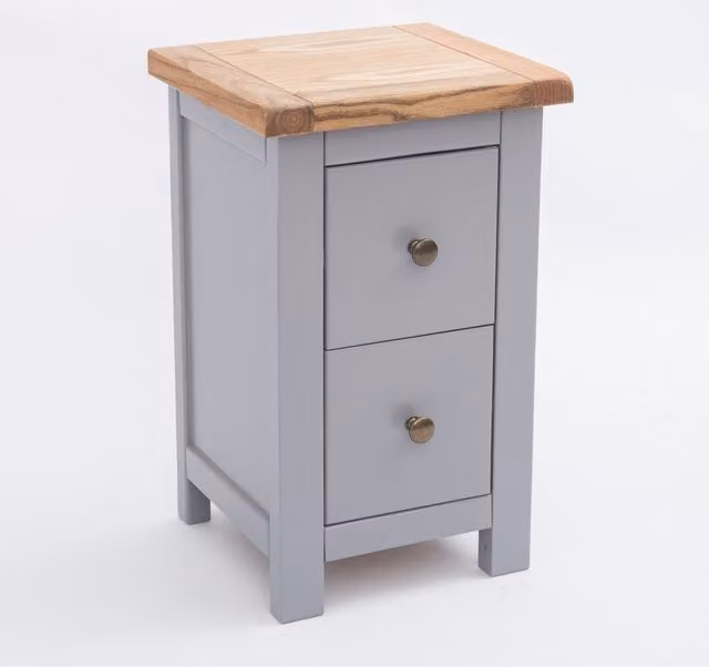 Mirano 2 Drawer Petite Bedside Cabinet in Grey with Chrome Knob and Brass Details