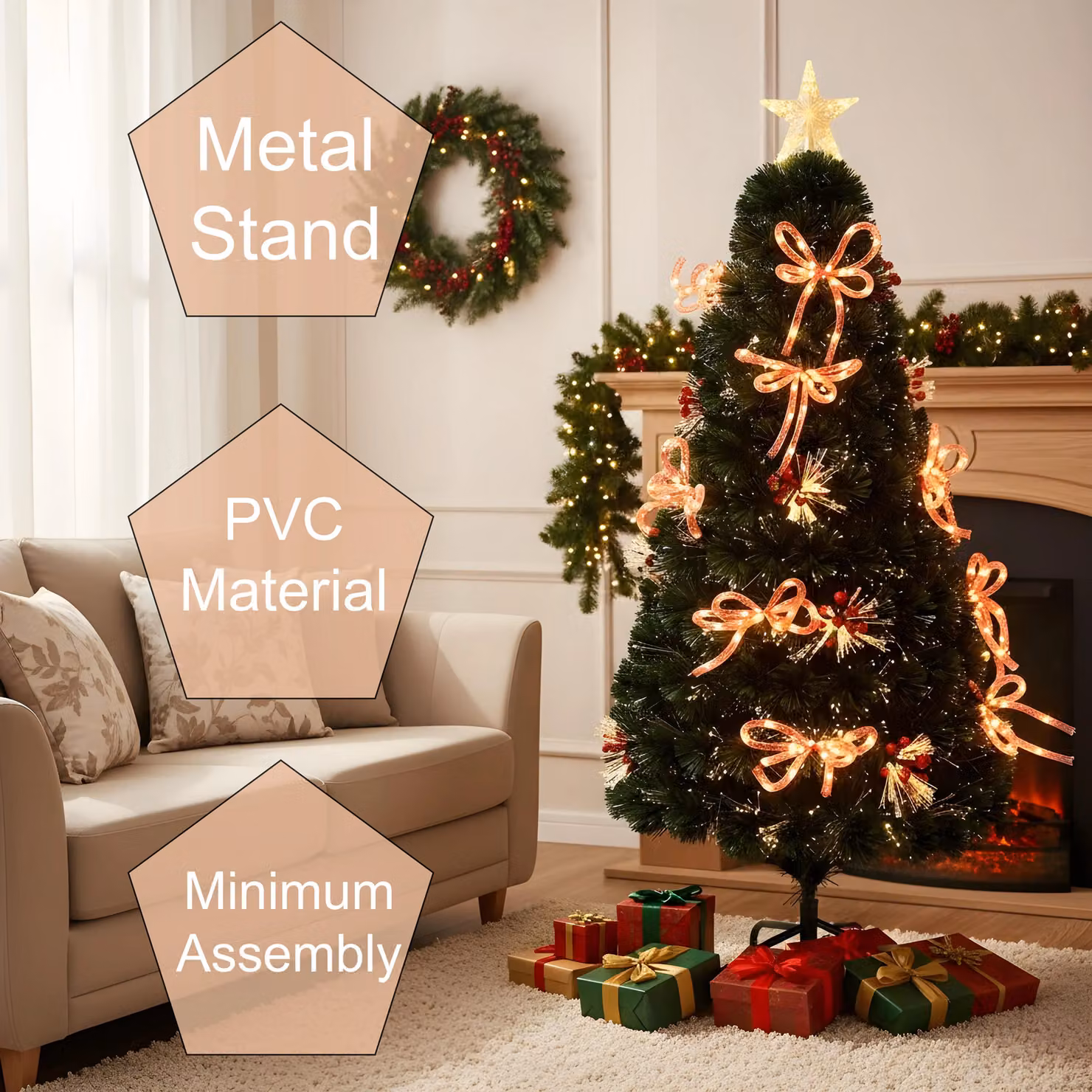 Shatchi Green Pre-Lit Artificial Christmas Tree with Fibre Optic Star Topper and Ribbon Bows, Height: 121.92 cm – 4