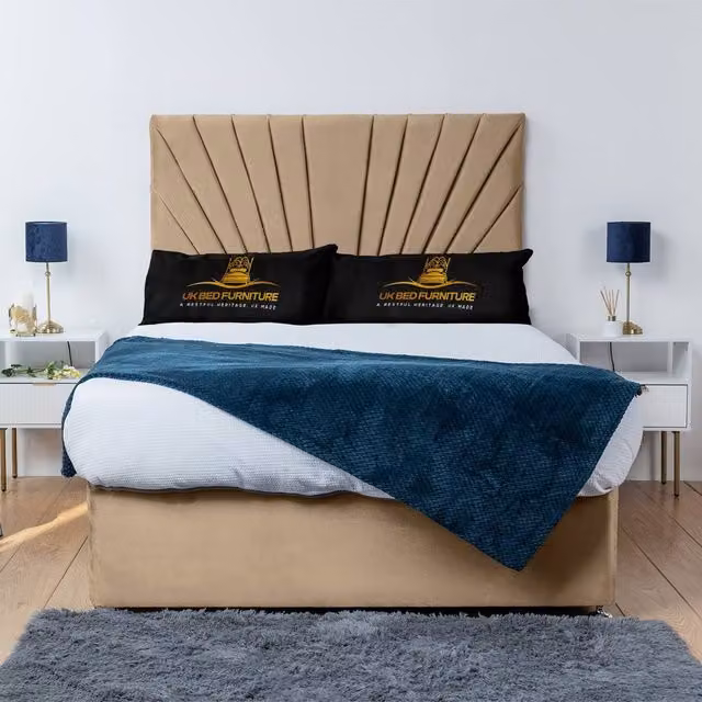 UK Bed Furniture Sunrise Divan Bed Base with 26 Inch Headboard in Beige, Super King, W/D/H: 200 x 200 x 66.04 cm