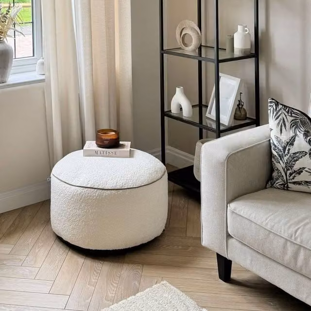 rucomfy Indoor Bean Bag Pouffe Snug Drum Footstool in Beige Bouclé Fabric