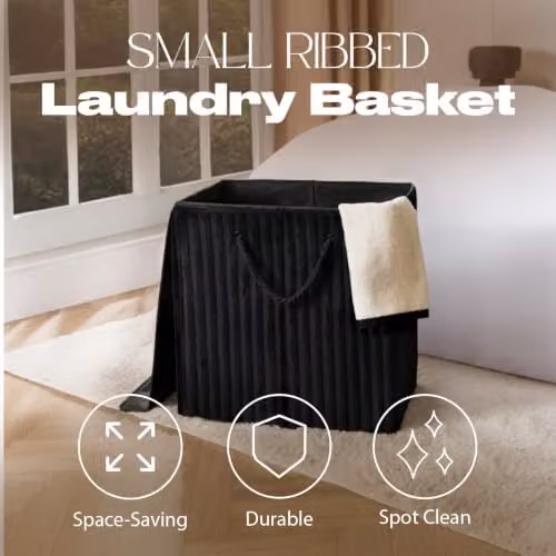 OHS Collapsible Ribbed Faux Fur Laundry Basket with Lid and Rope Handles, Black, W: 45 cm, D: 49 cm, H: 31 cm – 2