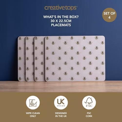 Creative Tops Set of 4 Grey Country Bee Rectangular Placemats with Cork Backing, W: 30 cm, D: 22 cm, H: 1.5 cm – 2