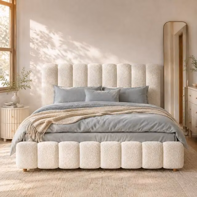 Merax White Bouclé Super King Ottoman Bed Frame with Hydraulic Storage, W/D/H: 180 x 200 cm