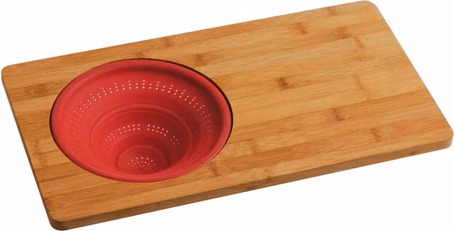 Orsina Bamboo Serving and Chopping Board with Collapsible Silicone Colander, Rectangular, Brown/Beige/Red