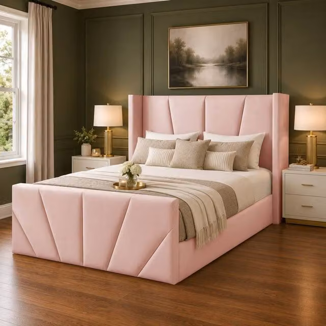 Desire Deco Carson Luxury Wingback Upholstered Velvet Bed Frame in Pink, Super King Size (200 x 200 cm)