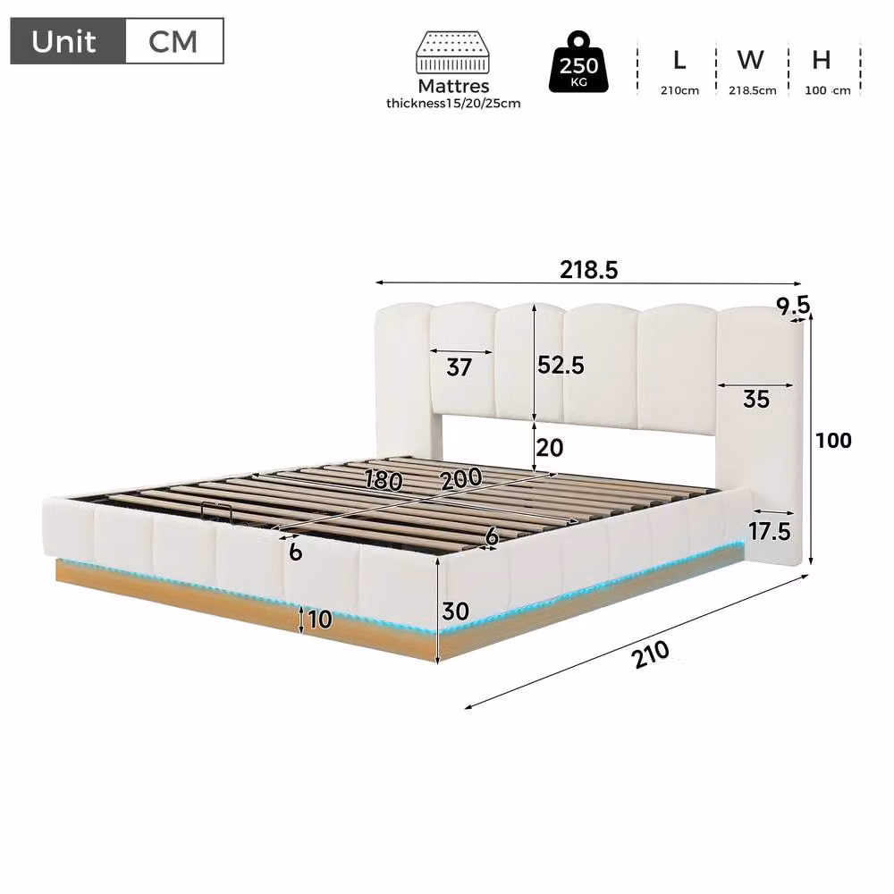 ModernLuxe Super King Ottoman Bed with Padded Scalloped Headboard in White Bouclé, W/D/H: 180 x 200 x 218.5 cm – 3
