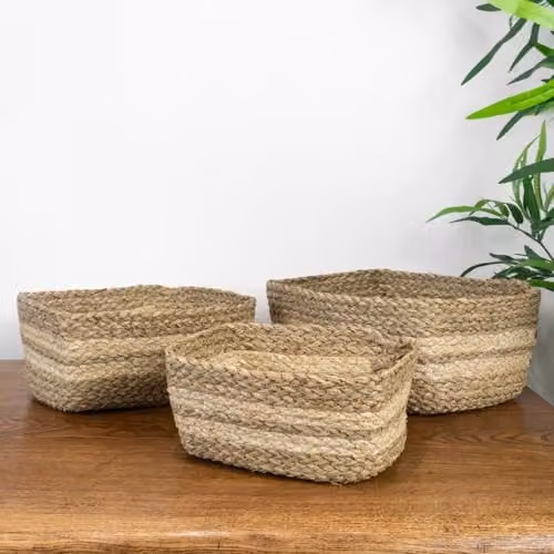 JVL Palma Set of 3 Sand Seagrass Open Weave Storage Baskets – 3