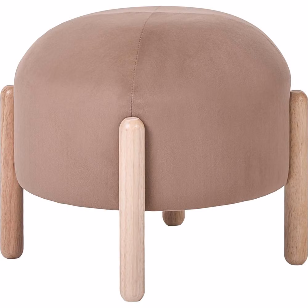 Wyld and Coco Beige Velvet Round Pouffe Footstool with Rubberwood Legs – 2