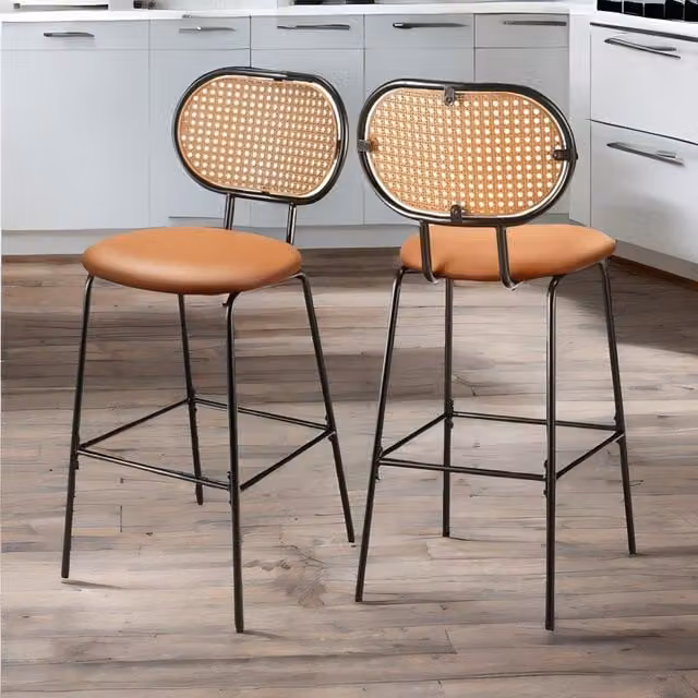 Rafaelo Mobilia Set of 2 Brown Faux Leather Bar Stools with Rattan Back – 1