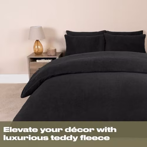 Brentfords Teddy Fleece Superking Duvet Cover Set in Black, including Duvet Cover 200 x 200 cm and Pillowcases 50 x 75 cm – 2